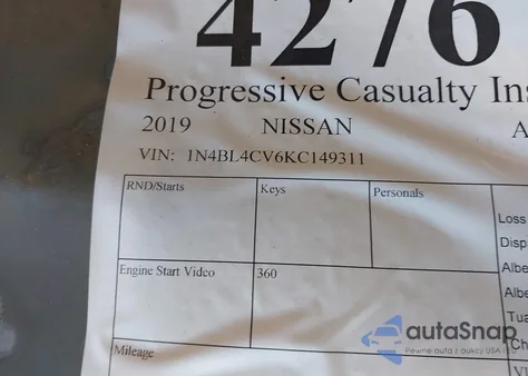 2019 Nissan Altima 2.5 Sr из США, поврежденный, VIN 1N4BL4CV6KC149311